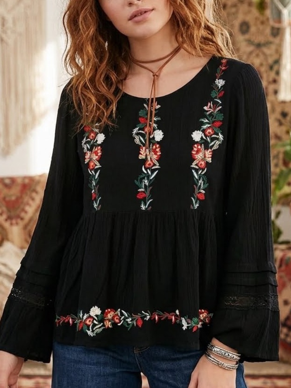 American Eagle Outfitters Babydoll Embroidered Top Boho Floral Gauzy Black Small